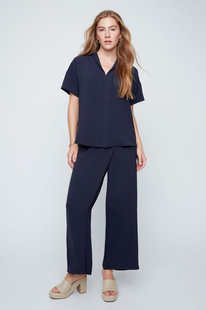V-Neck Center Seam Detailing Short Sleeve Blouse. Style REN5223-363