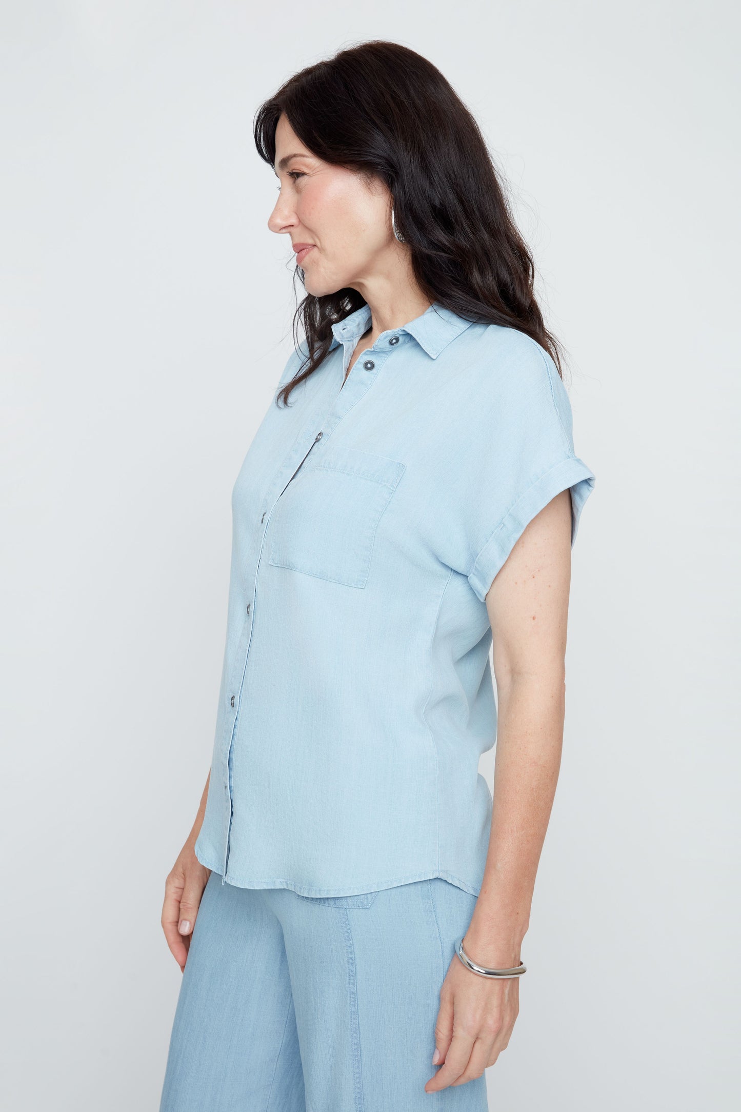 Collared Button Front Short Sleeve Blouse. Style REN5232-E3076