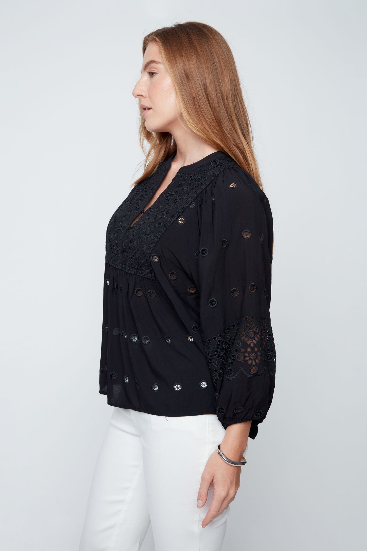 Eyelet Button Front Balloon Sleeve Blouse. Style REN5237-866