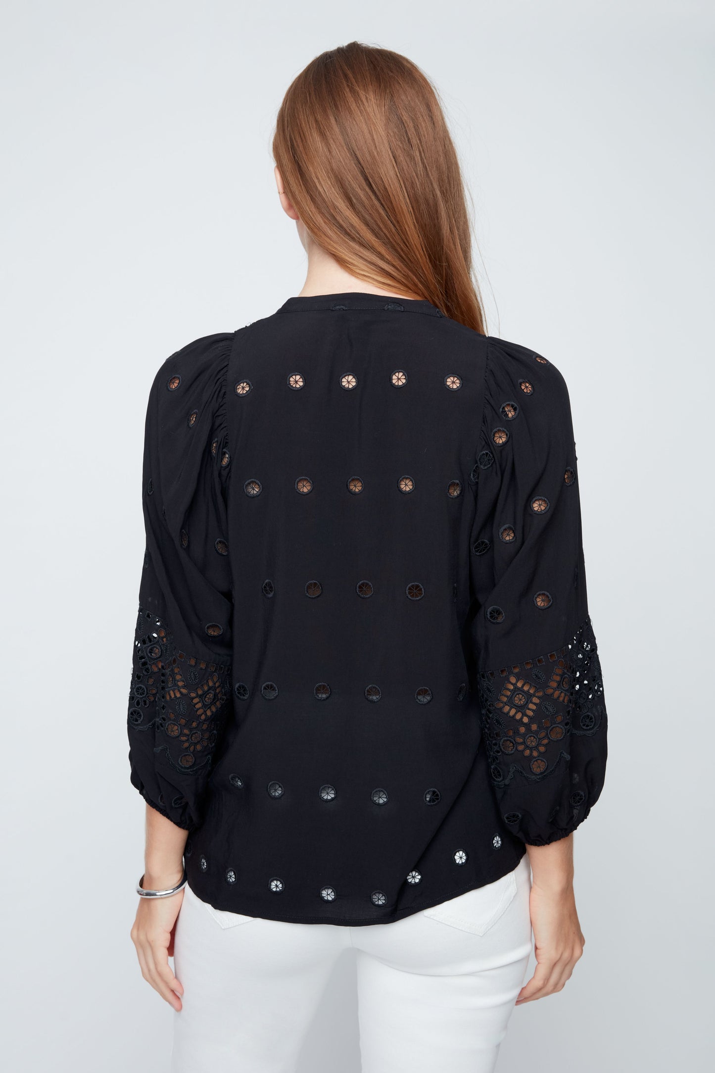 Eyelet Button Front Balloon Sleeve Blouse. Style REN5237-866