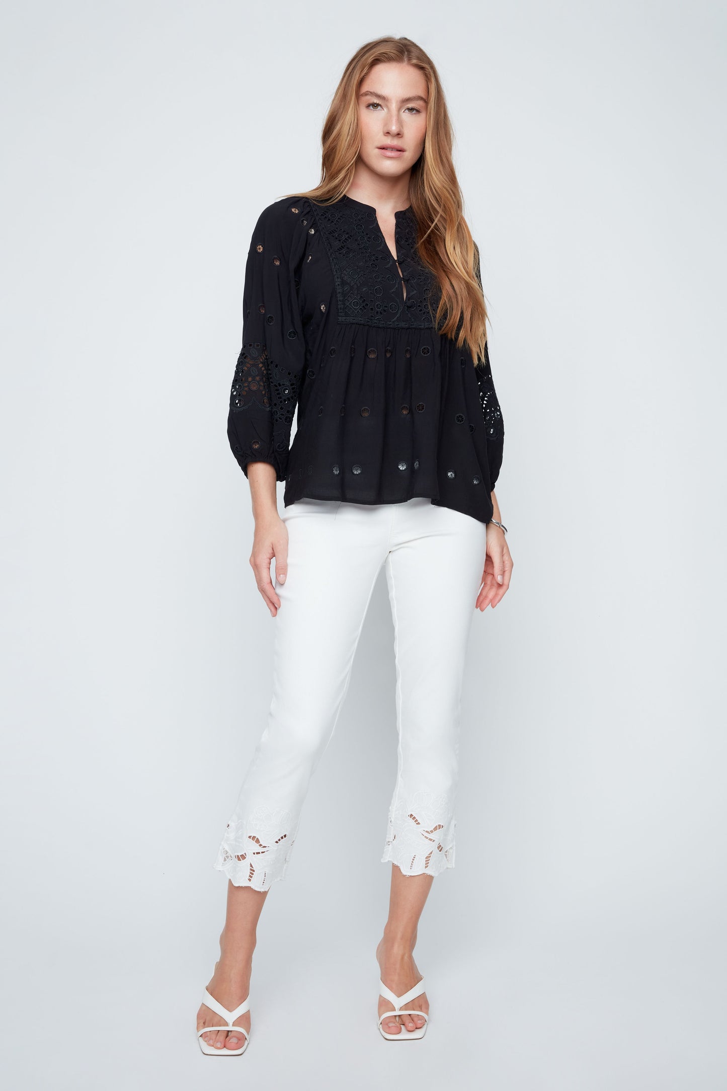 Eyelet Button Front Balloon Sleeve Blouse. Style REN5237-866