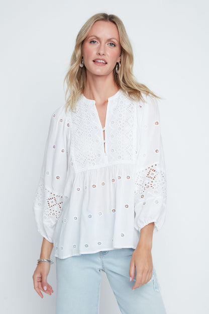 Eyelet Button Front Balloon Sleeve Blouse. Style REN5237-866