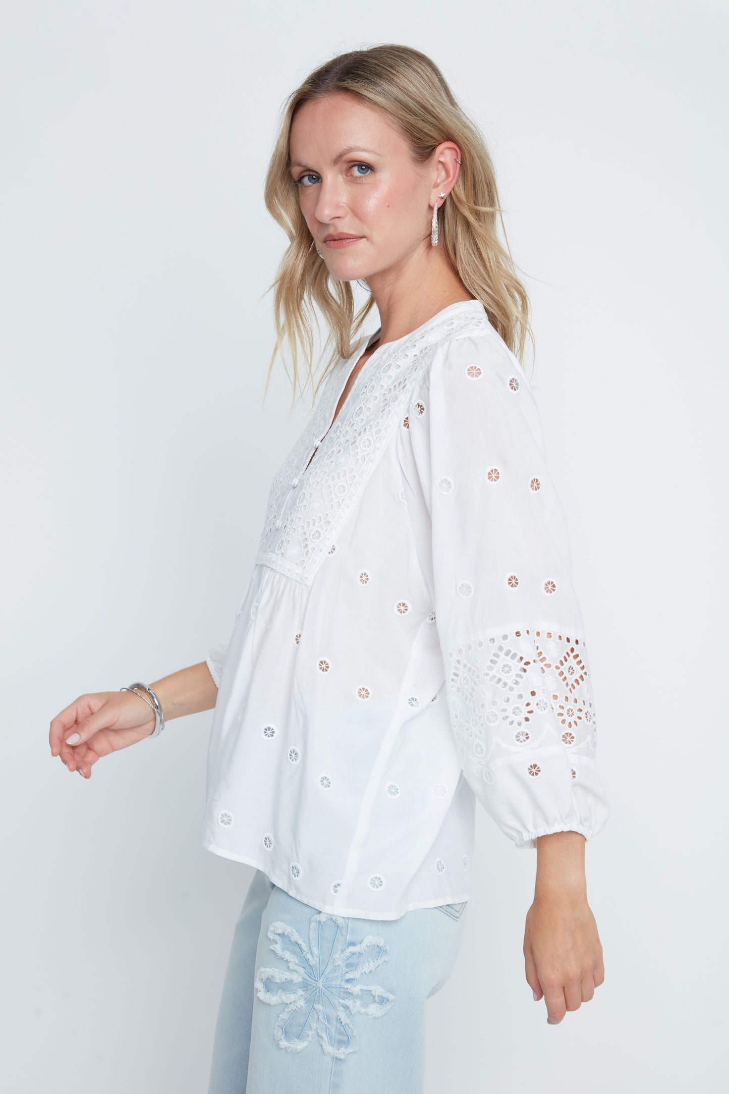 Eyelet Button Front Balloon Sleeve Blouse. Style REN5237-866