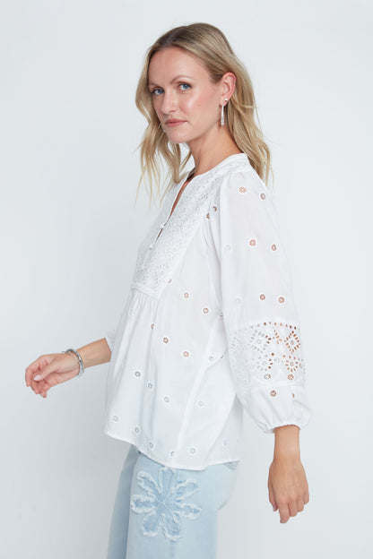 Eyelet Button Front Balloon Sleeve Blouse. Style REN5237-866