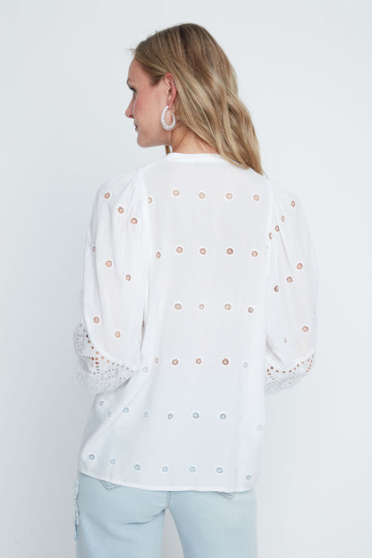 Eyelet Button Front Balloon Sleeve Blouse. Style REN5237-866