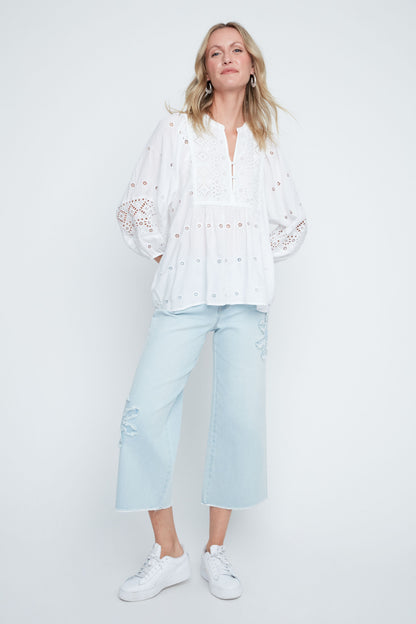 Eyelet Button Front Balloon Sleeve Blouse. Style REN5237-866