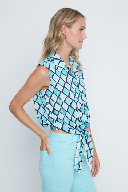 Diamond Print Sleeveless Tie Front Button Up Blouse. Style REN5246-465
