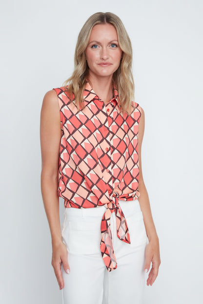 Diamond Print Sleeveless Tie Front Button Up Blouse. Style REN5246-465