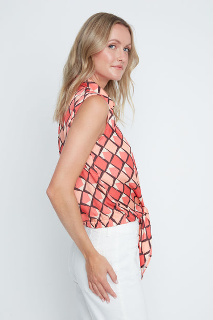 Diamond Print Sleeveless Tie Front Button Up Blouse. Style REN5246-465