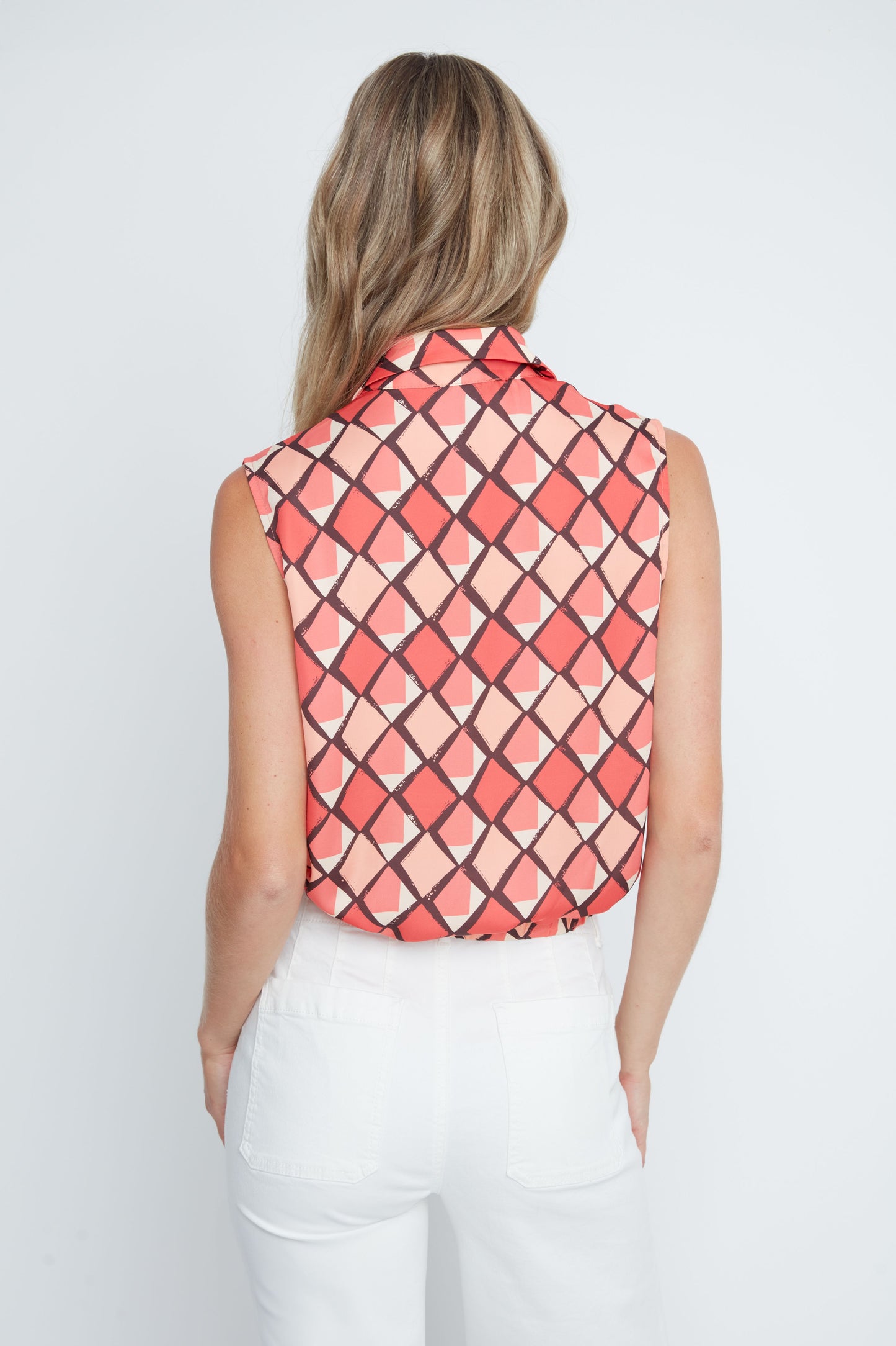 Diamond Print Sleeveless Tie Front Button Up Blouse. Style REN5246-465