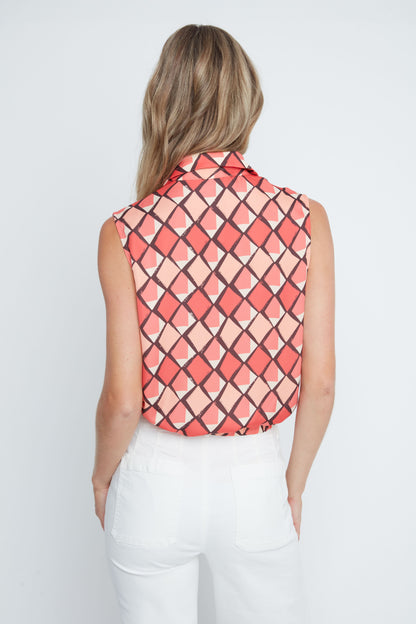 Diamond Print Sleeveless Tie Front Button Up Blouse. Style REN5246-465
