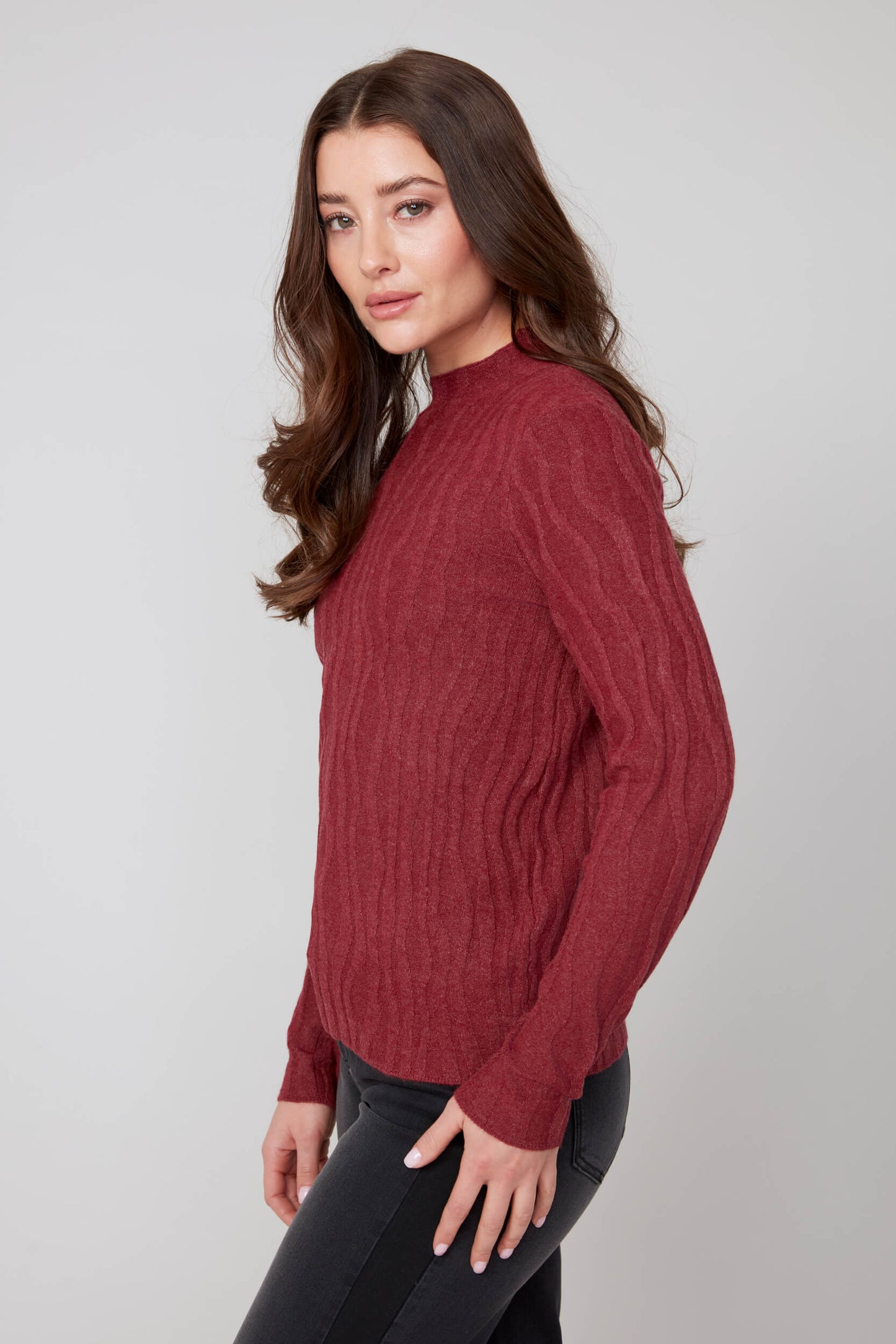Mock Neck Wavy Texture Top. Style REN6909-4301