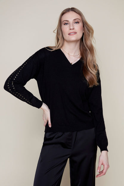 Gold Grommet Sleeves Lightweight Sweater. Style REN7771-48K