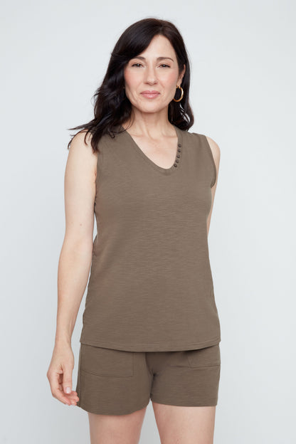 Round Neck with Button Detail Sleeveless Top. Style REN7811-89G