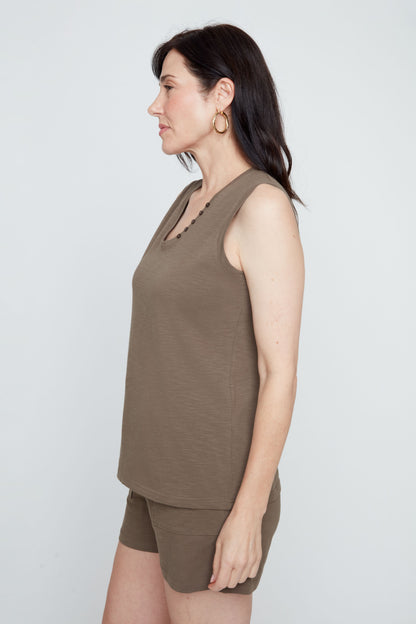 Round Neck with Button Detail Sleeveless Top. Style REN7811-89G