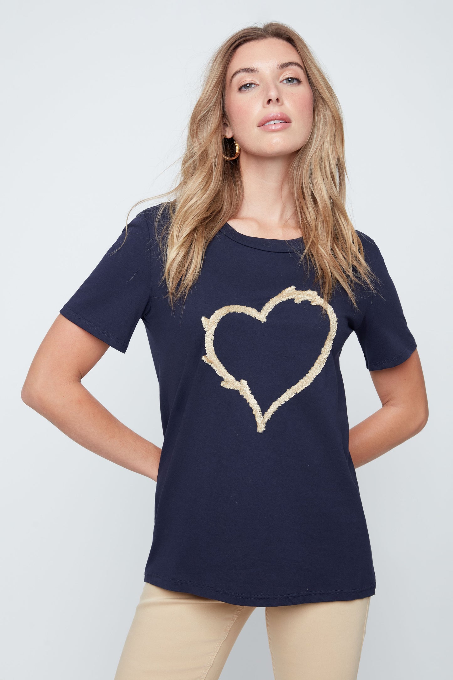 Short Sleeve Round Neck Heart Detail Top. Style REN7819-98G