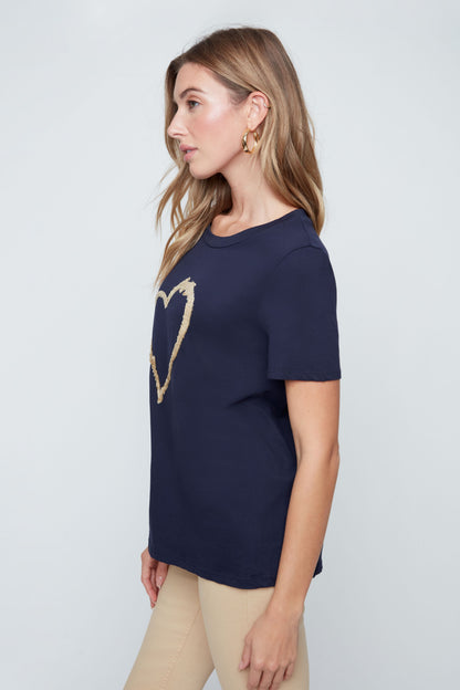 Short Sleeve Round Neck Heart Detail Top. Style REN7819-98G