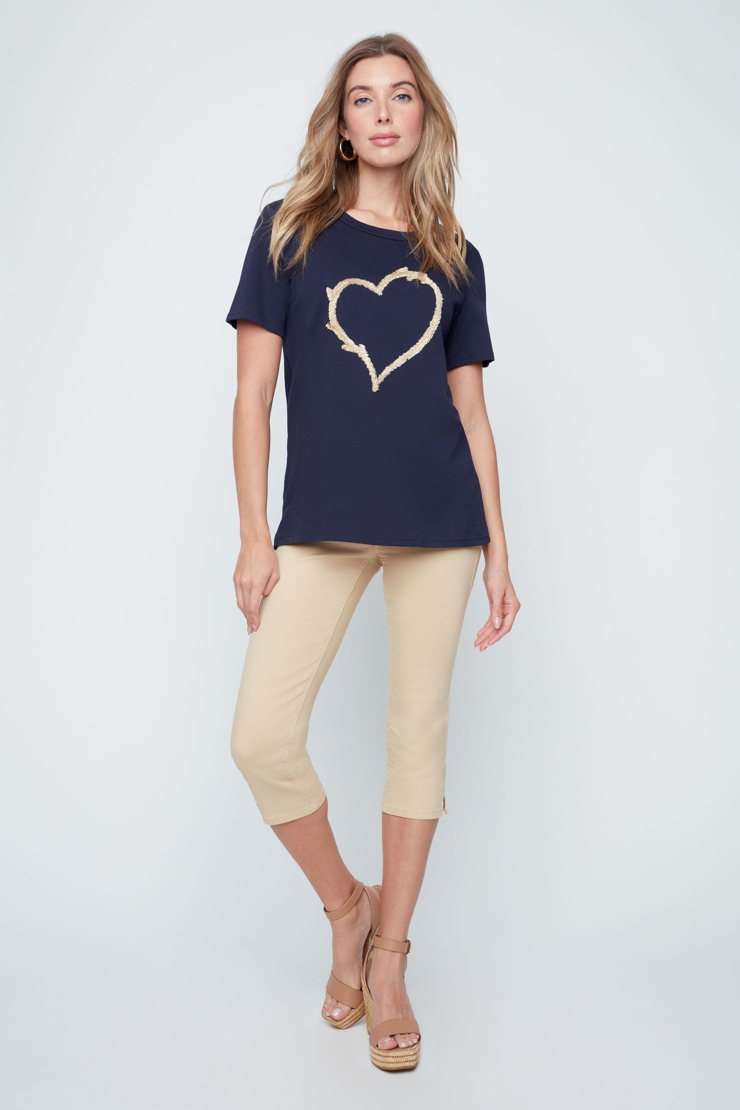 Short Sleeve Round Neck Heart Detail Top. Style REN7819-98G