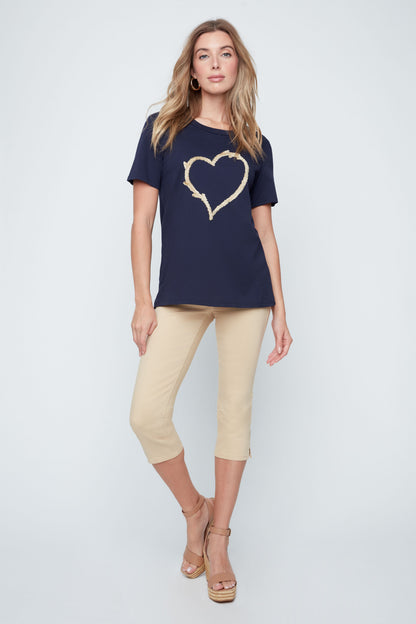 Short Sleeve Round Neck Heart Detail Top. Style REN7819-98G