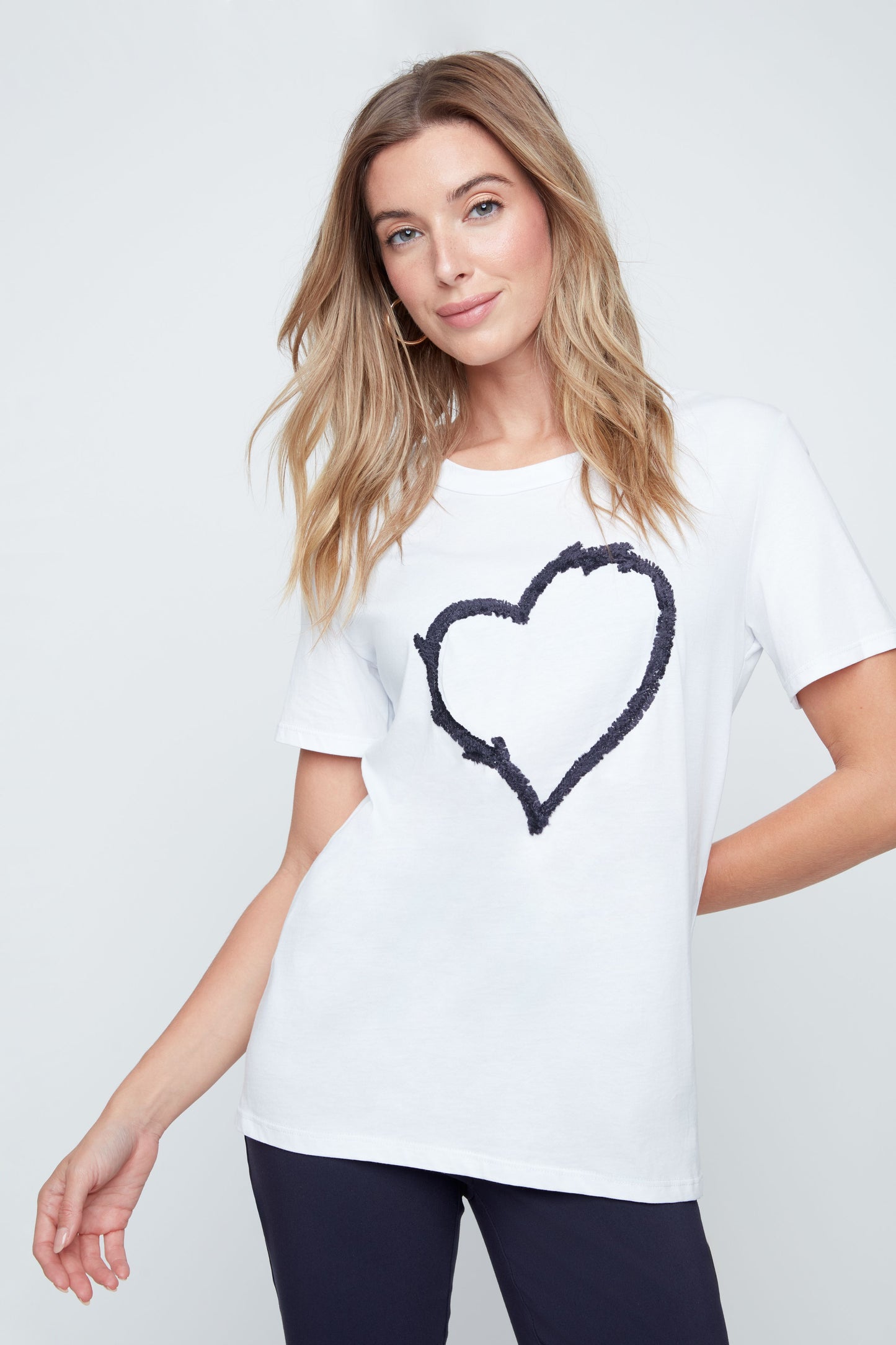 Short Sleeve Round Neck Heart Detail Top. Style REN7819-98G