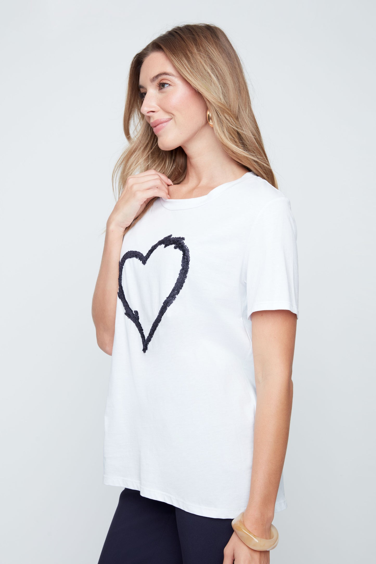Short Sleeve Round Neck Heart Detail Top. Style REN7819-98G