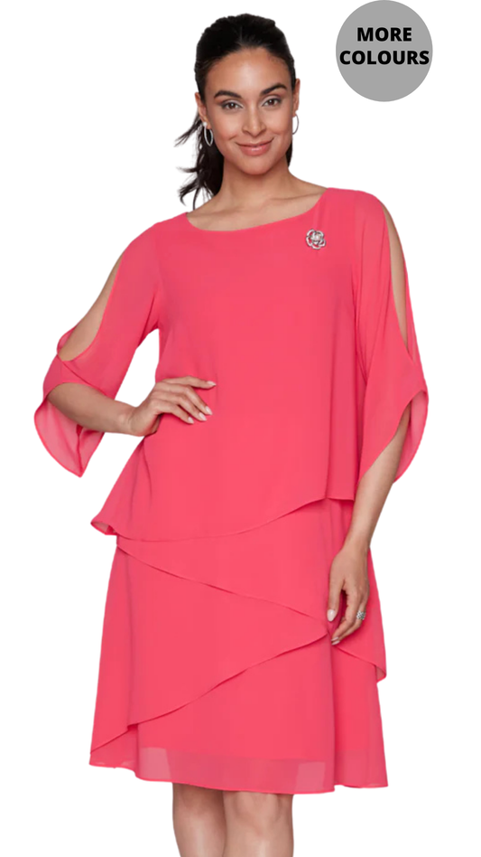 Layered Brooch Detail 3/4 Slit Sleeves Midi Dress. Style CK50199