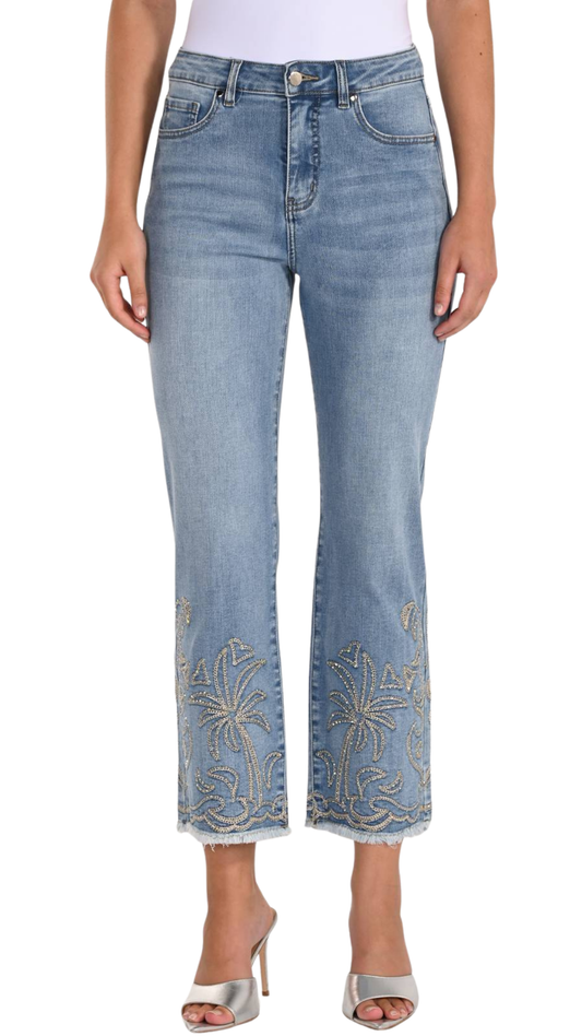 Tropical Palm Tree Rhinestone Bottom Details Jean. Style FL261621