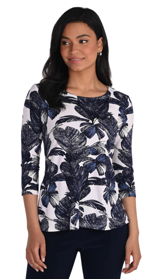 Abstract Leaf Print Boat Neck 3/4 Sleeve Top. Style FL266341