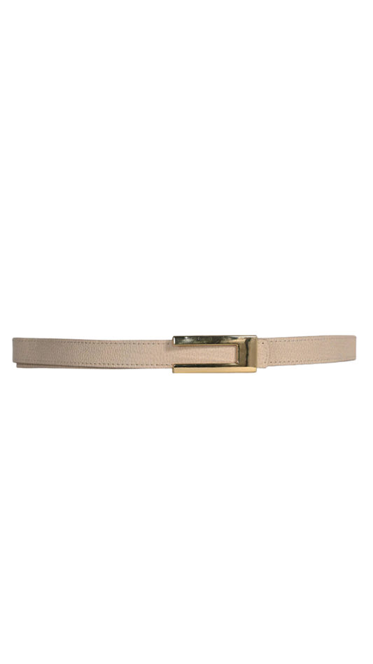 Thin Beige Leather Gold Buckle Belt. Style FLA26100