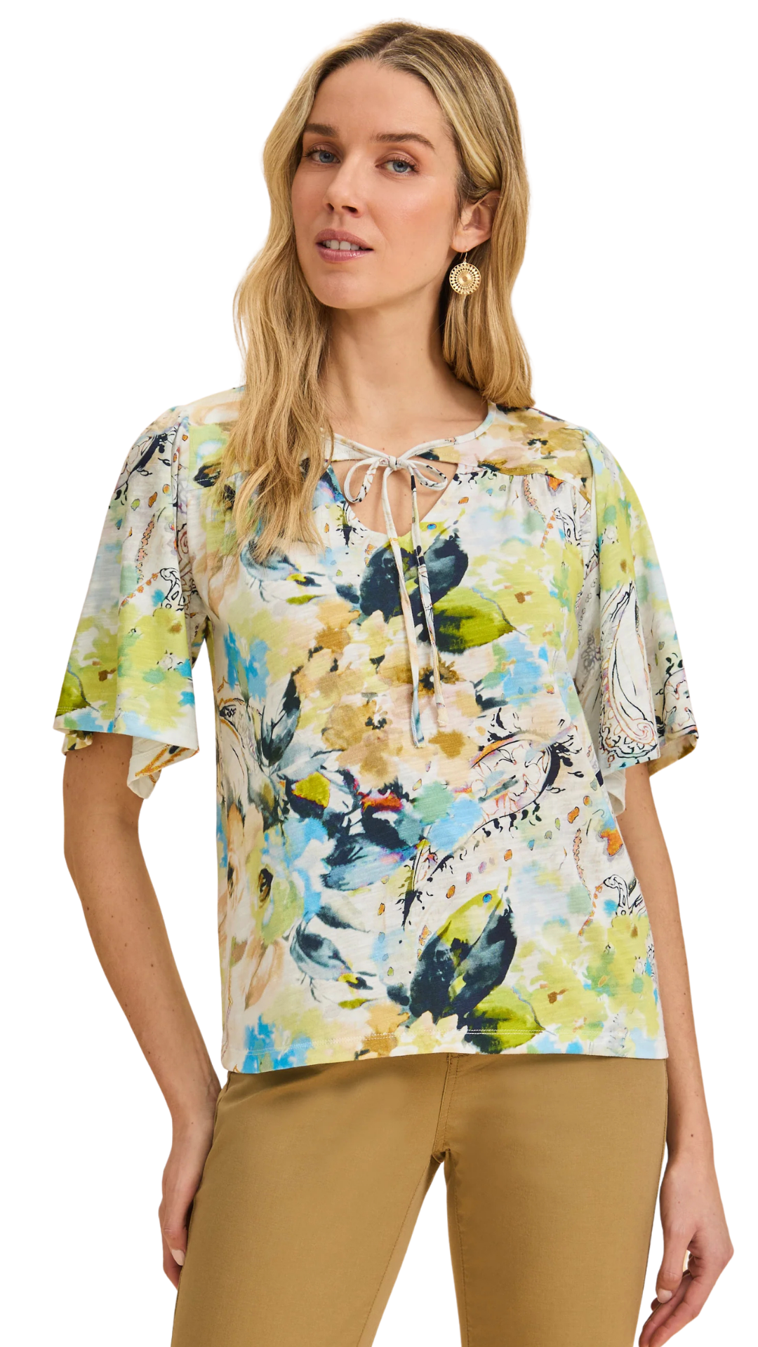 Flutter Sleeve Tie Neckline Floral Top. Style FD3956476