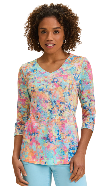 Multi Colour Splotches Print V-Neck Top. Style FD3449451