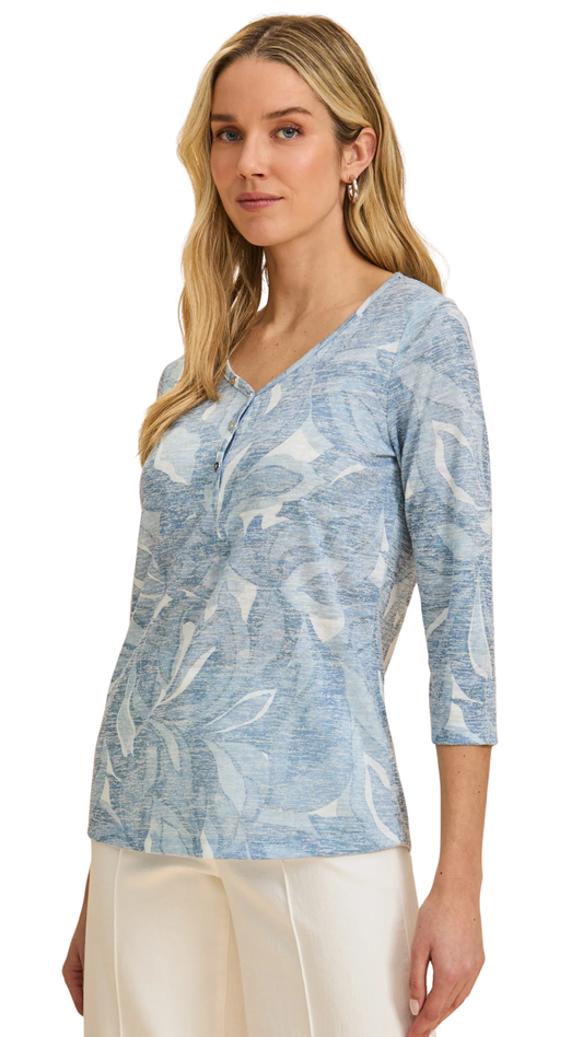 Henley V-Neck 3/4 Sleeve Abstract Print Top. Style FD3110435