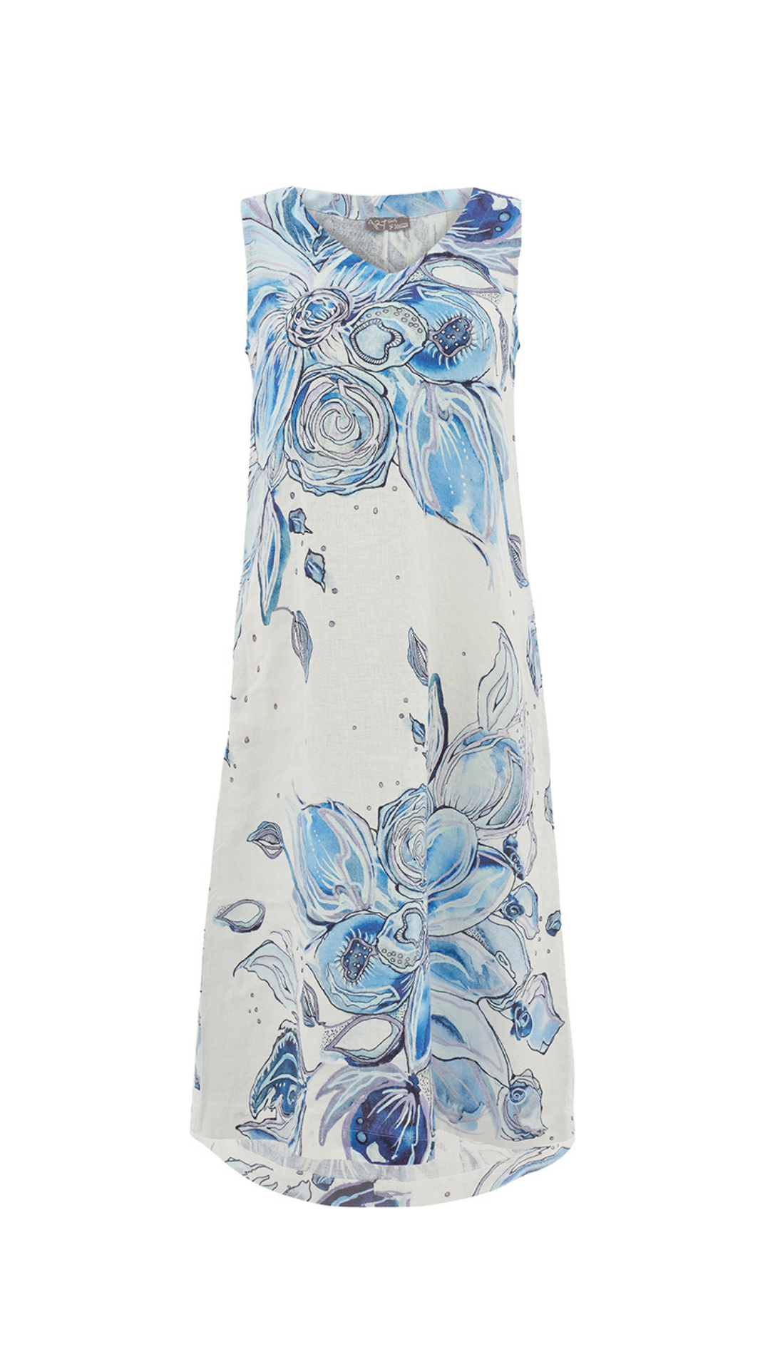 "Blue Flowers" Artist Print V-Neck Sleeveless Dress. Style DOLC26654