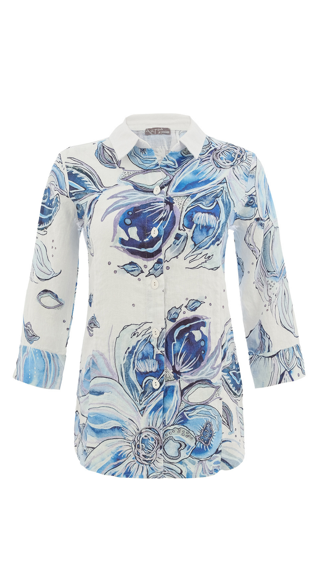 "Blue Flowers" Artist Print Button Up Blouse. Style DOLC26652