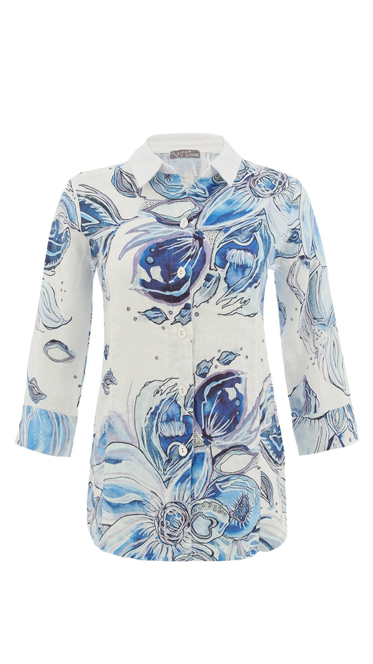 "Blue Flowers" Artist Print Button Up Blouse. Style DOLC26652