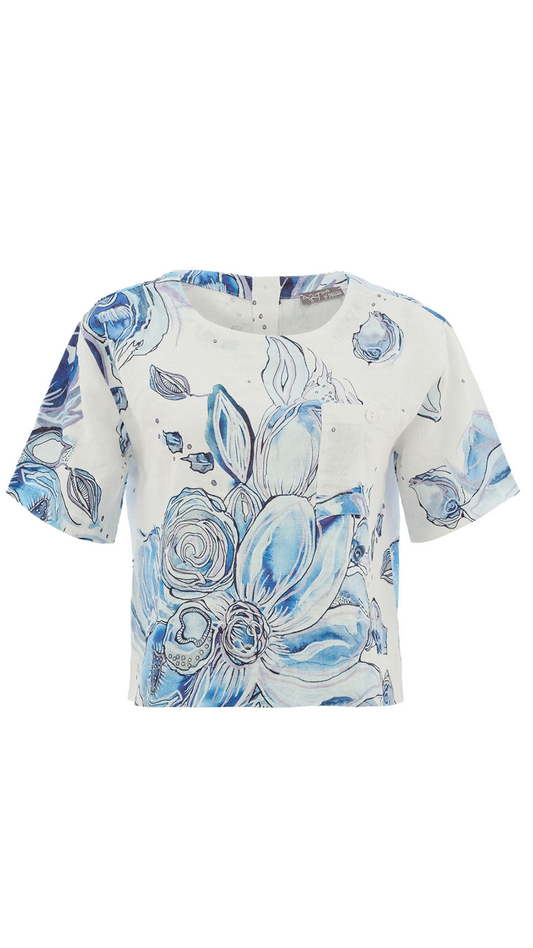 "Blue Flowers" Artist Print Button Up Back Short Sleeve Top. Style DOLC26650