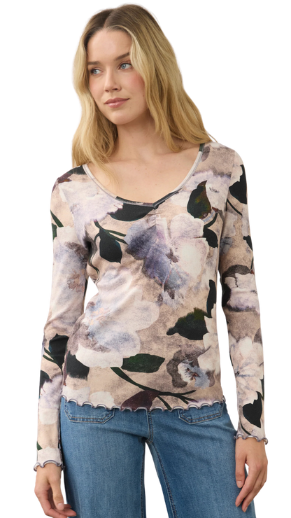 Ruffled Lettuce Trim V-Neck Floral Top. Style FD3077161