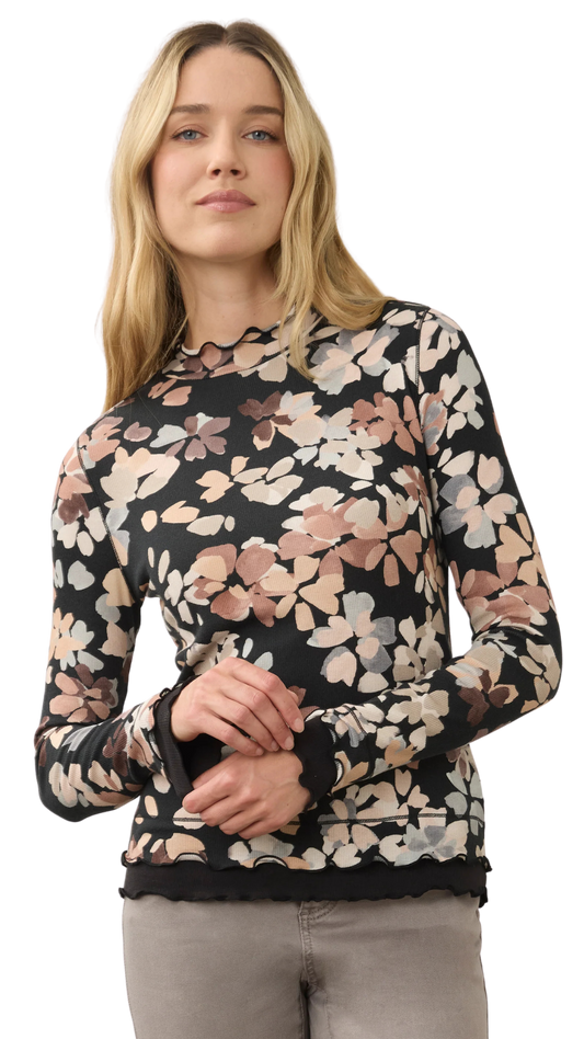 Mock Neck Floral Print Tulip Edge Long Sleeve Top. Style FD3547161