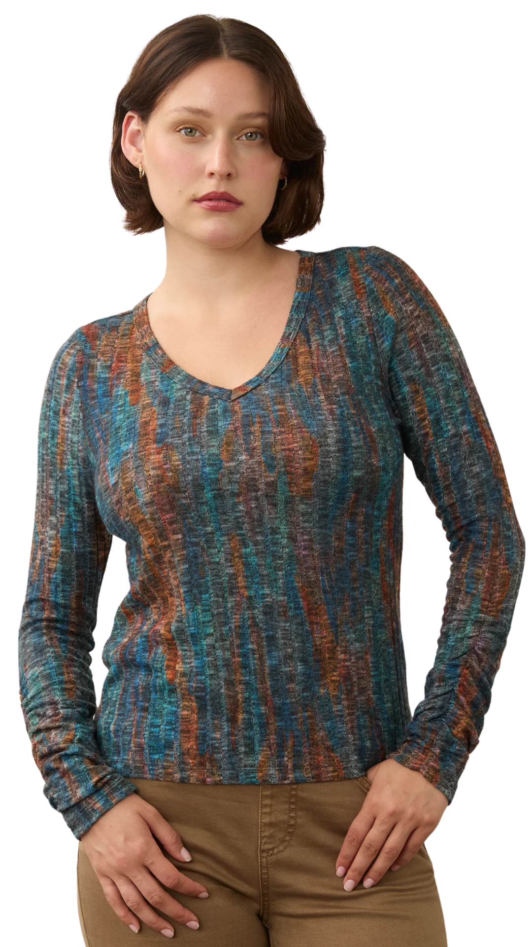 Long Sleeve Abstract Print Ribbed Knit Top. Style FD3262508