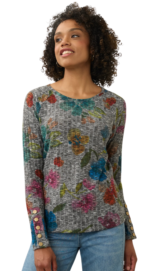 Gold Snap Button Cuff Floral Ribbed Knit Top. Style FD3359508