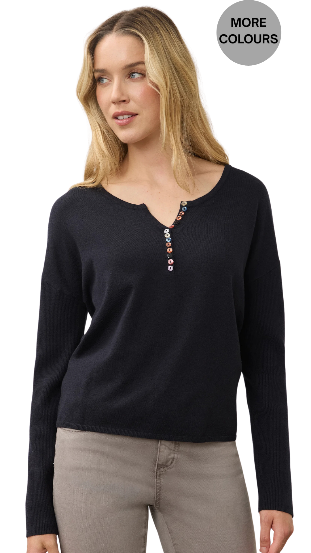 Notch Neck Statement Buttons Ribbed Sleeve Sweater. Style FD1056212