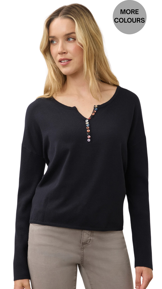 Notch Neck Statement Buttons Ribbed Sleeve Sweater. Style FD1056212