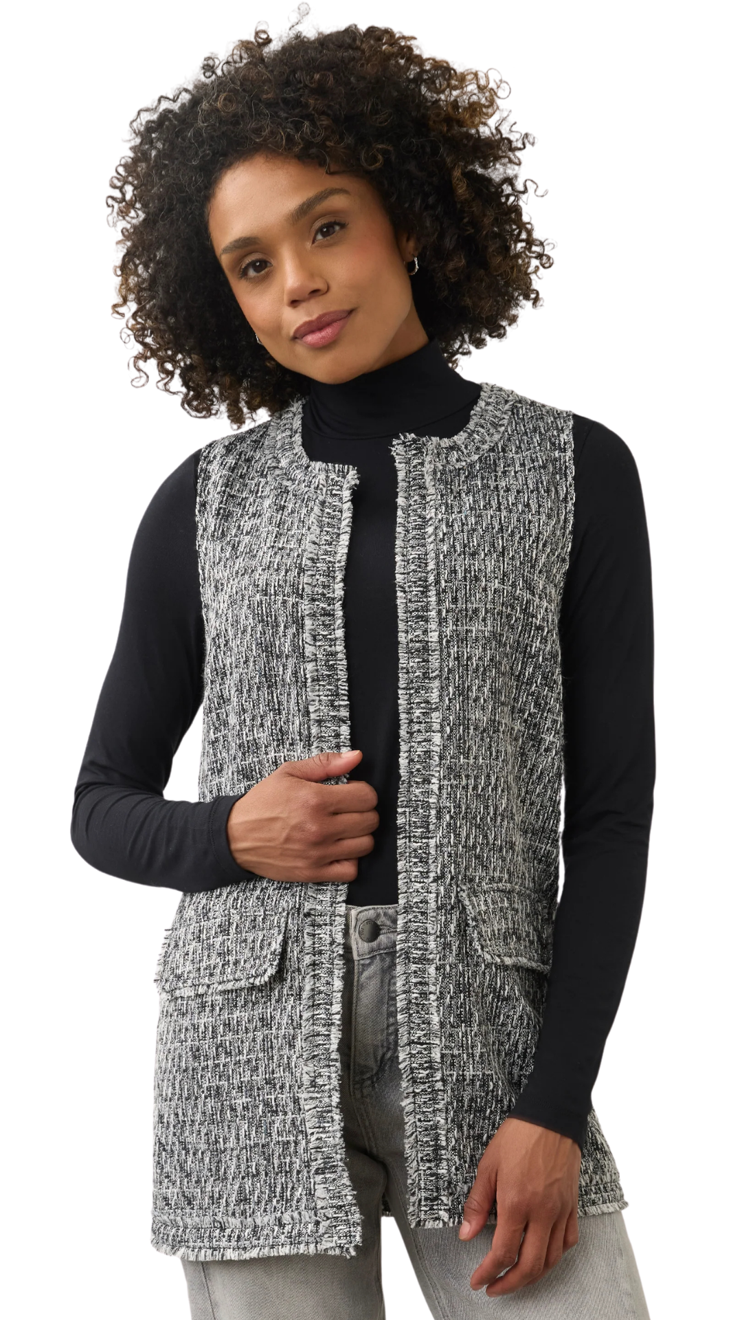 Long Length Open Front Tweed Vest. Style FD10008239