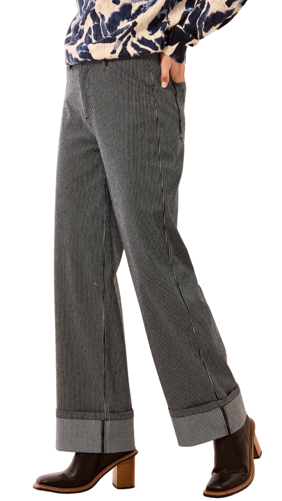 Lightweight Striped Wide Leg Cuffed Ankle Pants. Style TR3288O-3890