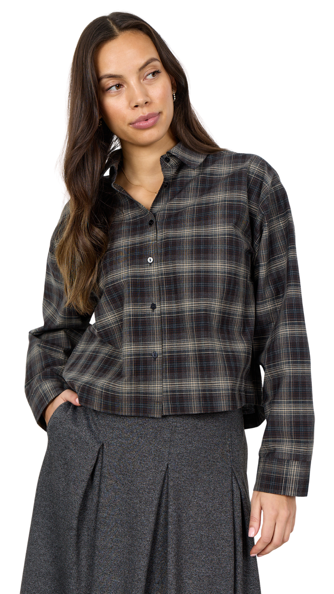 Cropped Length Long Sleeve Plaid Blouse. Style SOYA41927