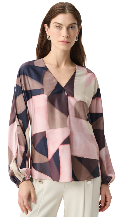 Satin Elastic Cuffs Front Pleat V-Neck Top. Style JR264197