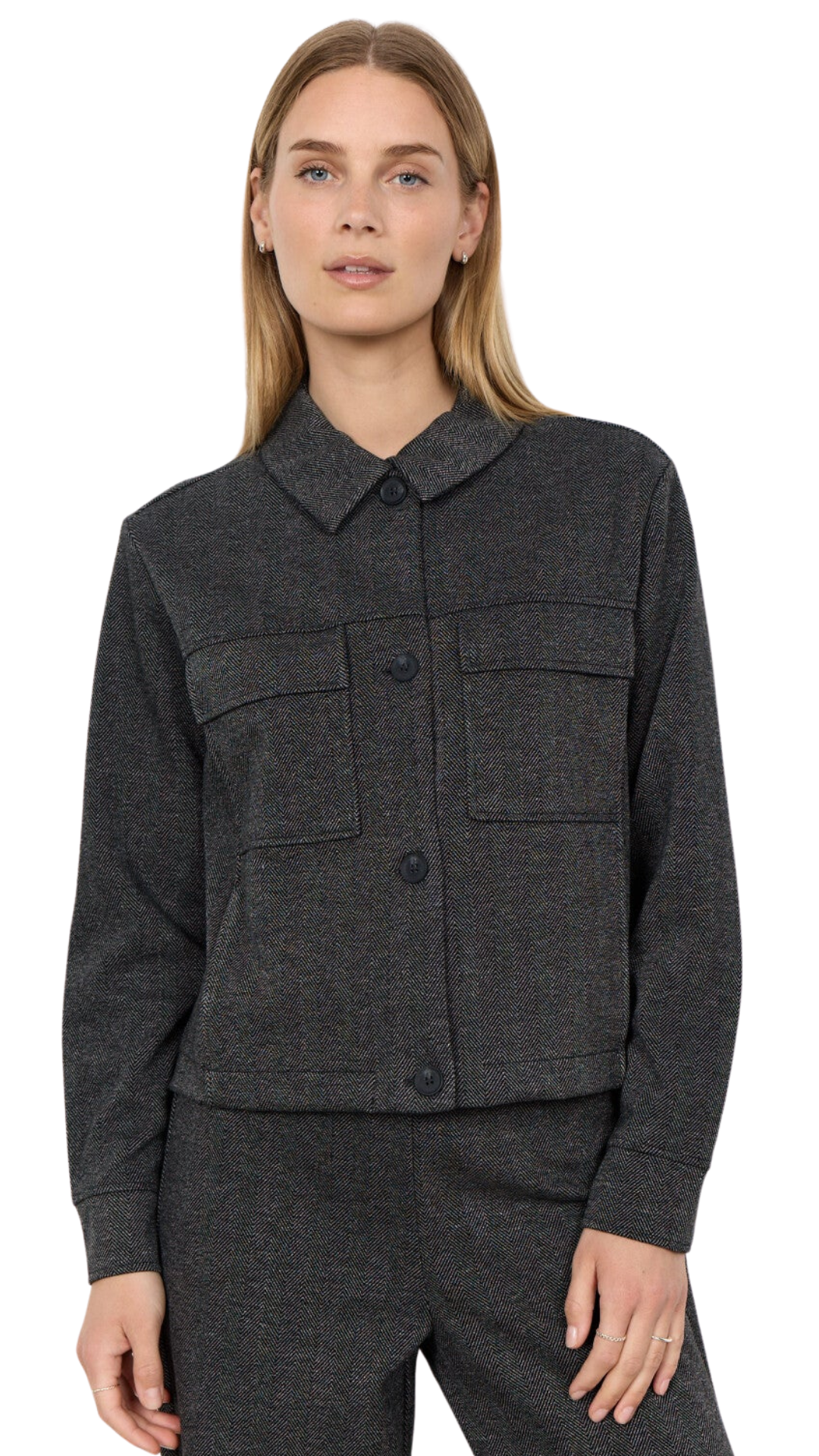 Cropped Herringbone Button Front Jacket. Style SOYA27812