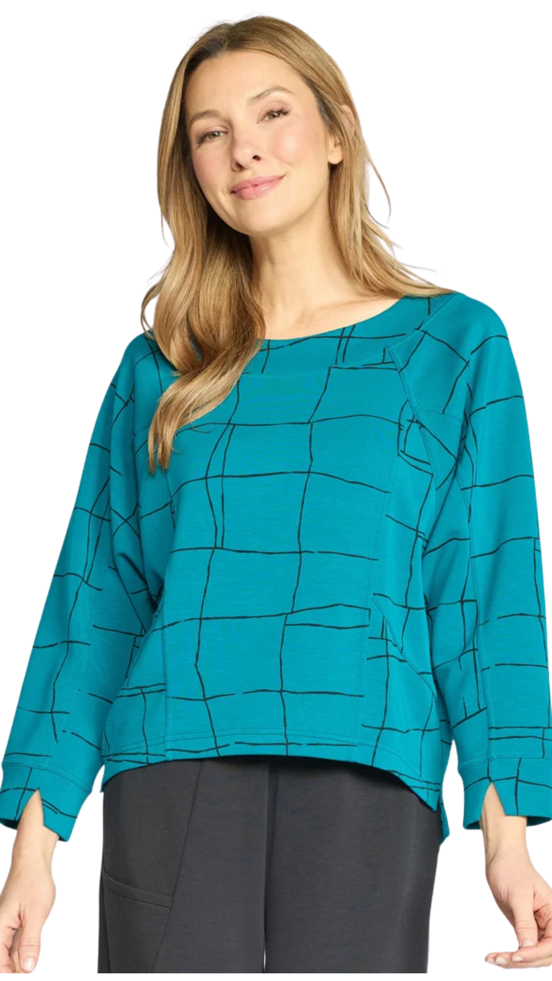 Feather Lux Knit Windowpane Pullover. Style OLV332101
