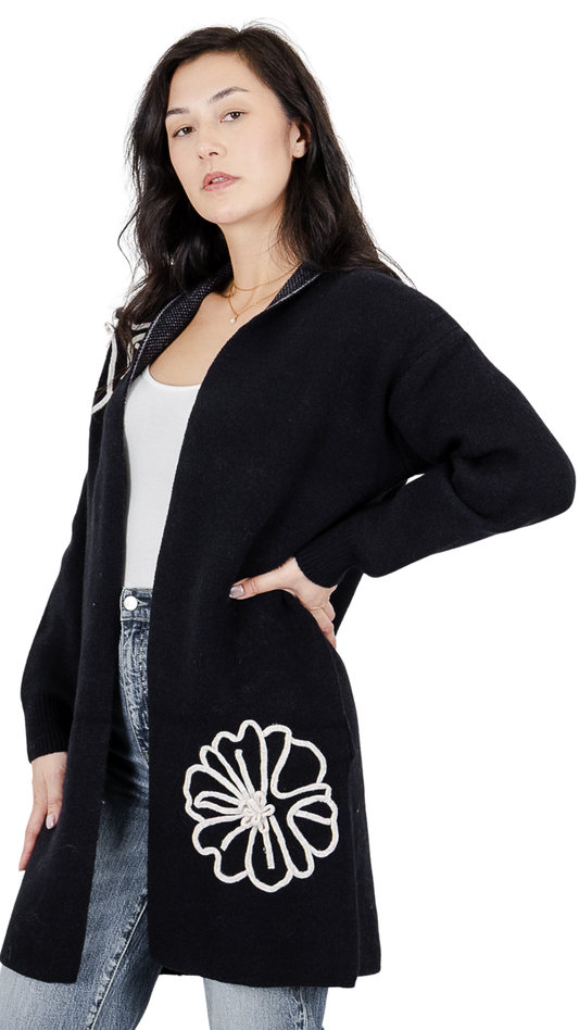 Long Open Front Floral Applique Cardigan. Style FS262214