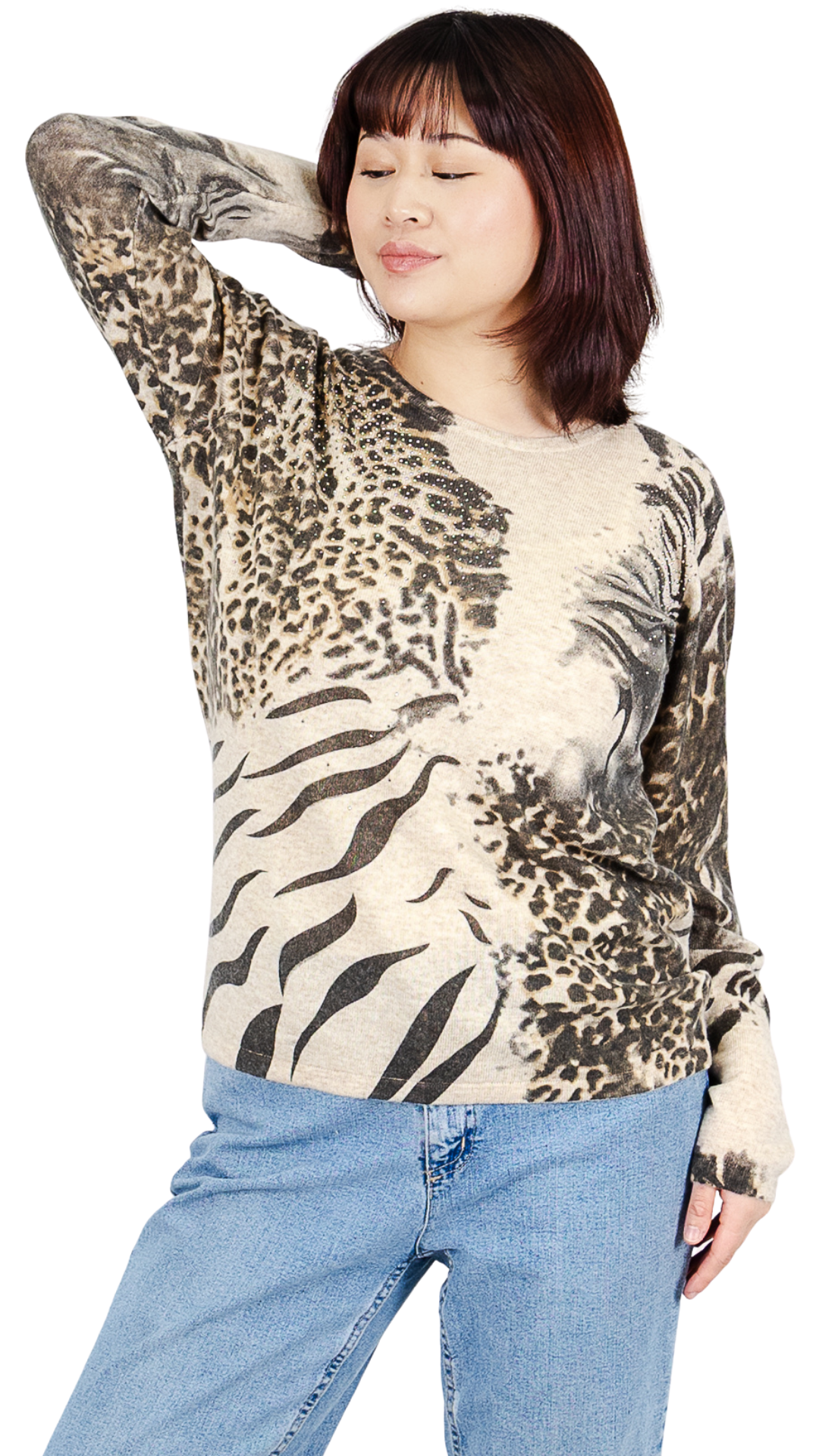 Long Sleeve Animal Print Rhinestones Top. Style FS262756